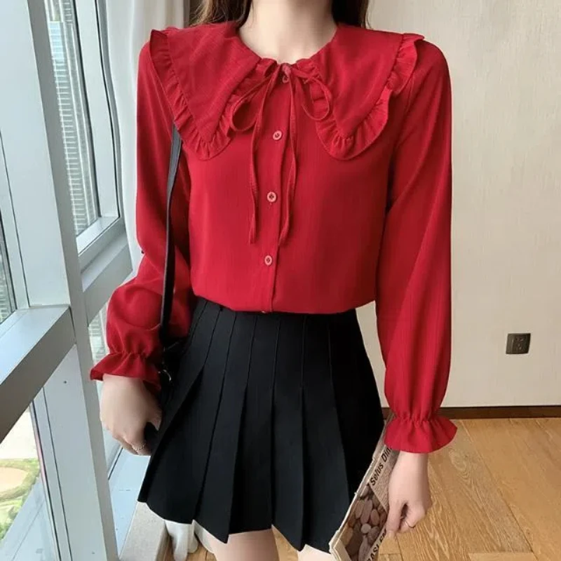 Japanese Style Sweet Autumn Women Solid Ruffles Bow Lacing Single Breasted Fashion Preppy Style Loose Long Sleeve Shirts Tops