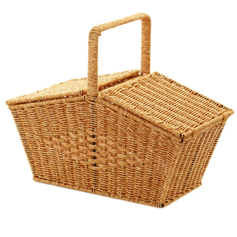Abae-cesta de mão estilo pastoral com tampa imitação de rattan tecido cesta de piquenique lanches de frutas cesta de armazenamento de artigos diversos
