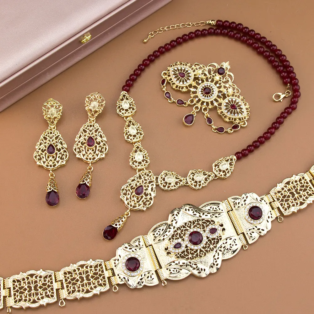 Sunspicems Gold Color Morocco Bridal Jewelry Sets Crystal Caftan Belt Brooch Water Drop Pendnat Earring Beads Chain Neckalce