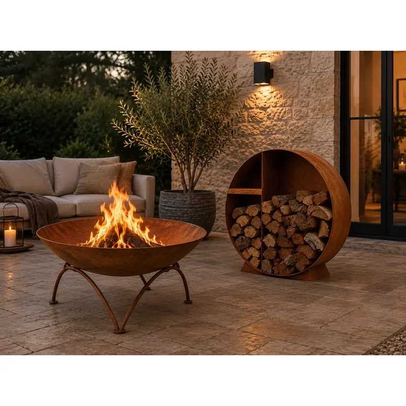 Fire Pit with Firewood Storage Rack - Outdoor Wood Burning Fire Bowl & Log Holder Set for Garden Patio (Available Separately)