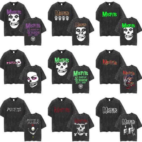 Camiseta Vintage lavada de la banda Punk Hardcore Misfits, camisetas con estampado de esqueleto de terror Rock, camisetas góticas informales de gran tamaño para hombres y mujeres