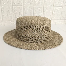 Natural Straw Canotier Flatted Top Wide Brimmed Boater Hat bEACH Preppy Summer Sun Festival Beach Holiday Birthday Gift For Him