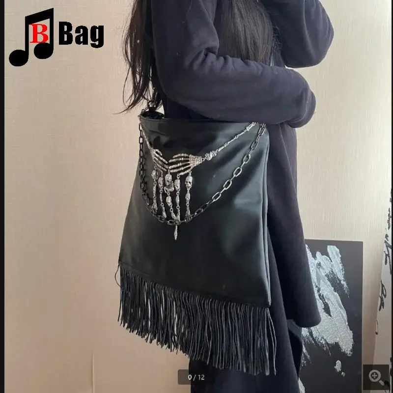 Y2K tas tangan Punk perempuan wanita Gotik tas tangan buatan tangan Harajuku cakar Retro rumbai Rivet Satu bahu tas Straddle Diagonal kulit