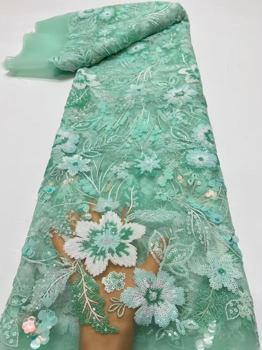 Elegant French Embroidery Heavy Beaded Net Lace Fabric 2025 African Nigerian Tulle Mesh Shiny Sequins Fabric For Wedding Dress