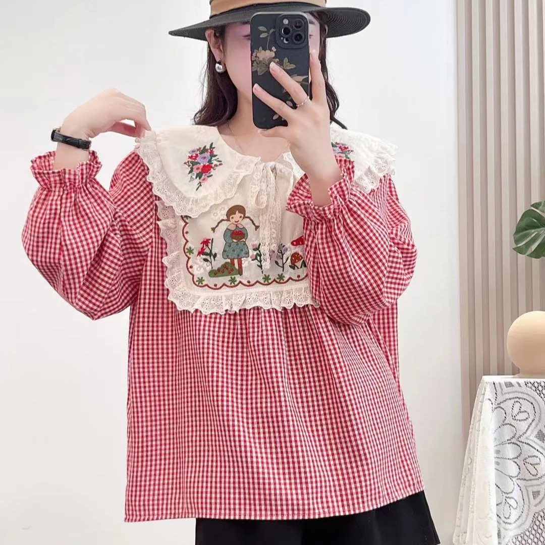 New Autumn Cotton Long Sleeve Shirt, Women Peter Pan Collar Embroidery Top, Mori Girl Popular Sweet Blouse, Winter T485132QM