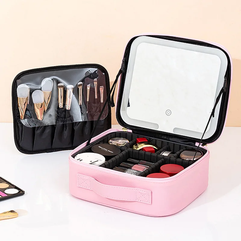 LED Mirror Travel Makeup Bag for Women Portable Large Capacity Makeup Brush Box Handheld Partition Waterproof Cosmetic Pouch