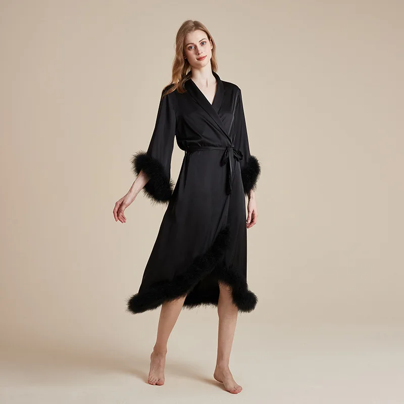 Luxury Bride Wedding Robe With Removable Feathers Women Silky Dressing Gown Peignoir Sexy Kimono Bathrobe Intimate Lingerie