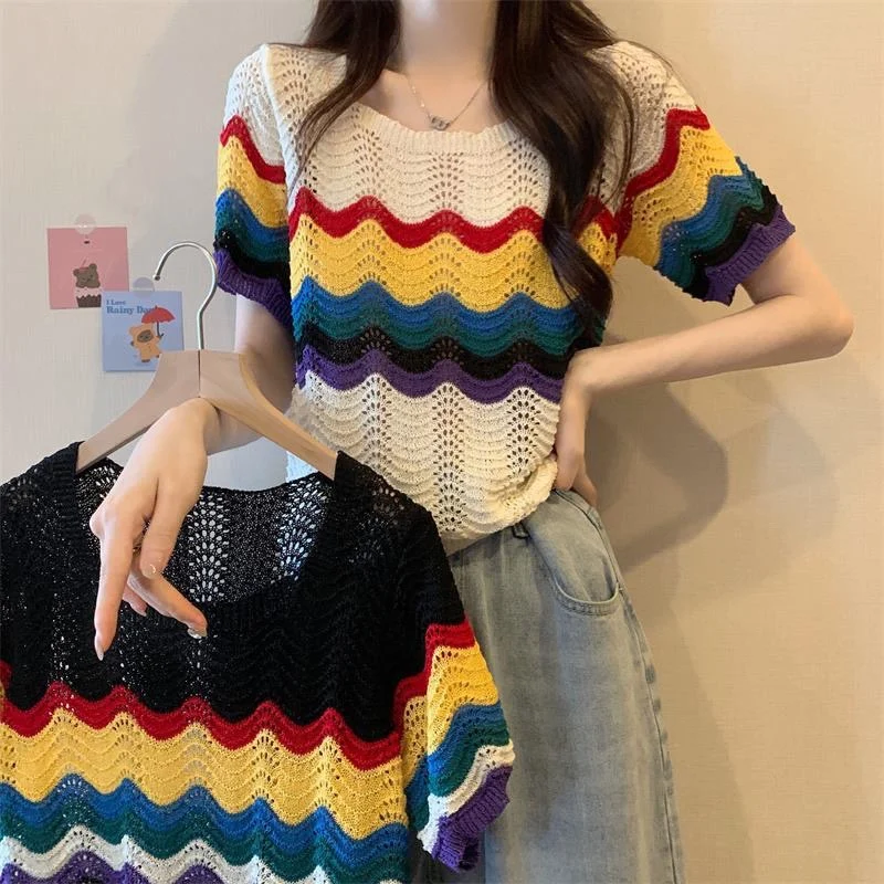 

Korean Sle ort Sve Knitted Top Hollow out Dstring Design Summer New Version Retro Length Women's Faion