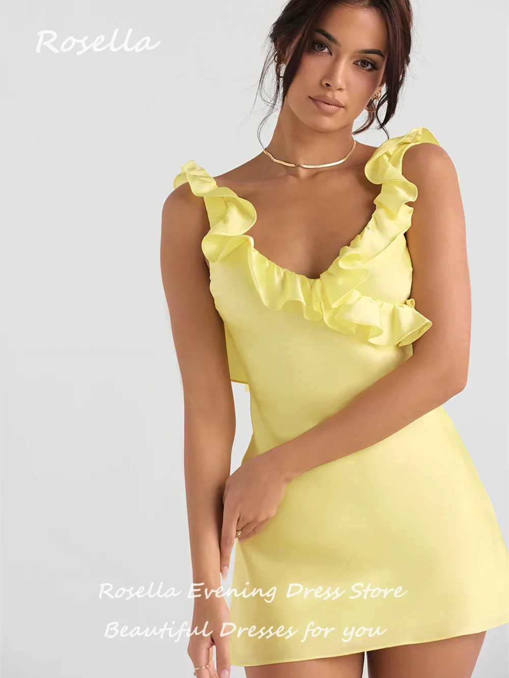 ROSELLA Yellow V Neck Cocktail Party Dresses Pleated Sexy A Line Mini Birthday Party Dress Ruffles Waterfall New 2023