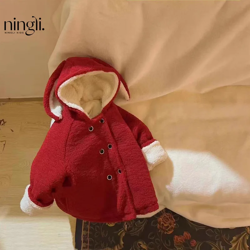 New Christmas Baby Girls Plush Coat, Thick Warm Festive Winter Dress for Toddlers, Holiday Party Wear New Year Outfit