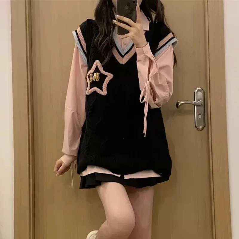 Star Graphic Kawaii Jk Uniform Sleeveless Sweater Academy Style Striped V-neck Knitted Vest Y2k Lolita Cutecore Tank Top Women