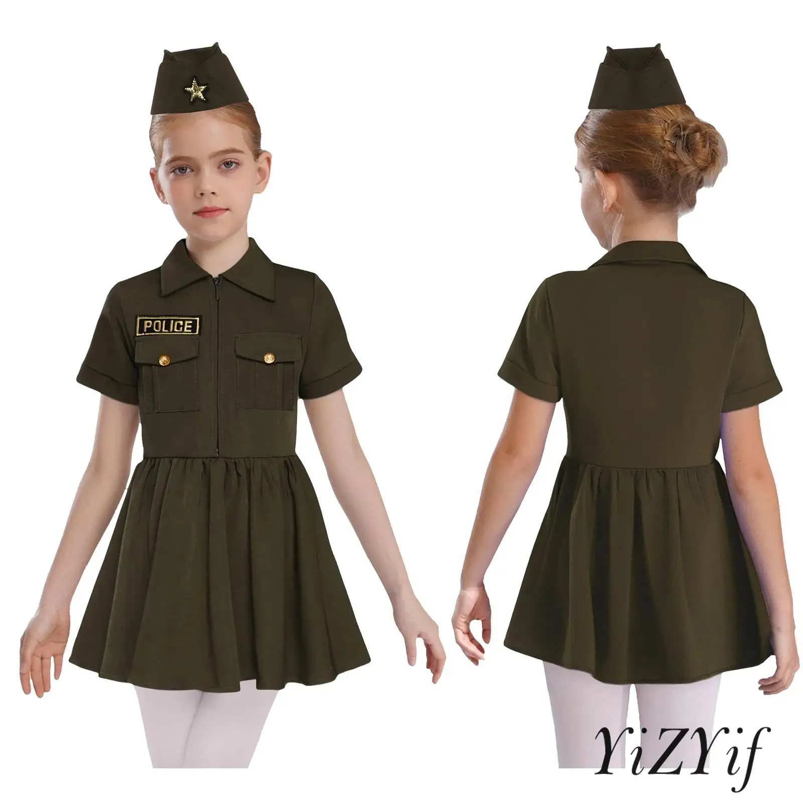 

Sky Captain Costume for Kids Girls Pilot Garb Embroidered Collar Flap Pockets Zipper Front Dress with Cap Theater Performance