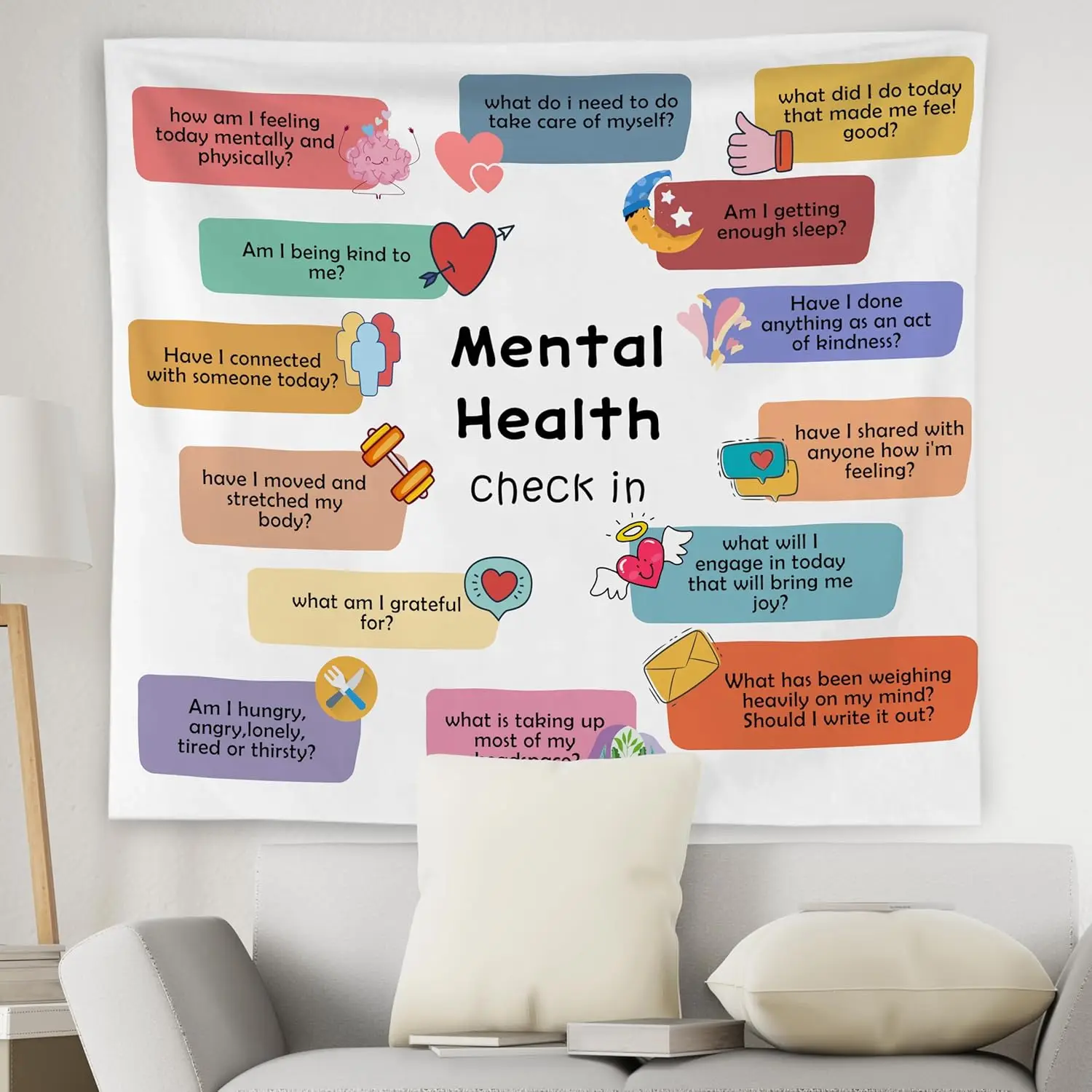 Mental Health Tapestry Wall Hanging, Therapy Office Decor, Anxiety Relief Psychology Mental Health Check in Wall Blanket Decor