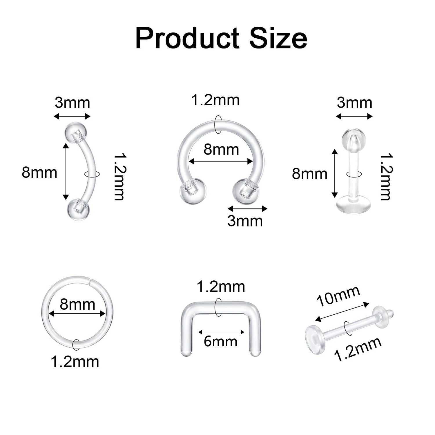 5/30Pcs 16G Clear Acrylic Piercing Retainers Body Jewelry Kit Including Lip Septum Cartilage Earrings Eyebrow Nose Ring