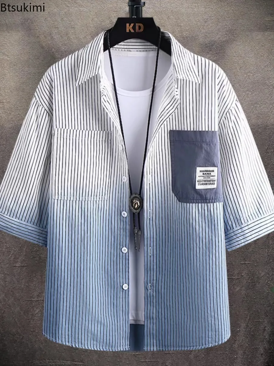 New 2025 Summer Men's Fashion Striped Color Blocked Line Shirt Male Clothing Short Sleeve Daily Casual and Loose Shirt for Men