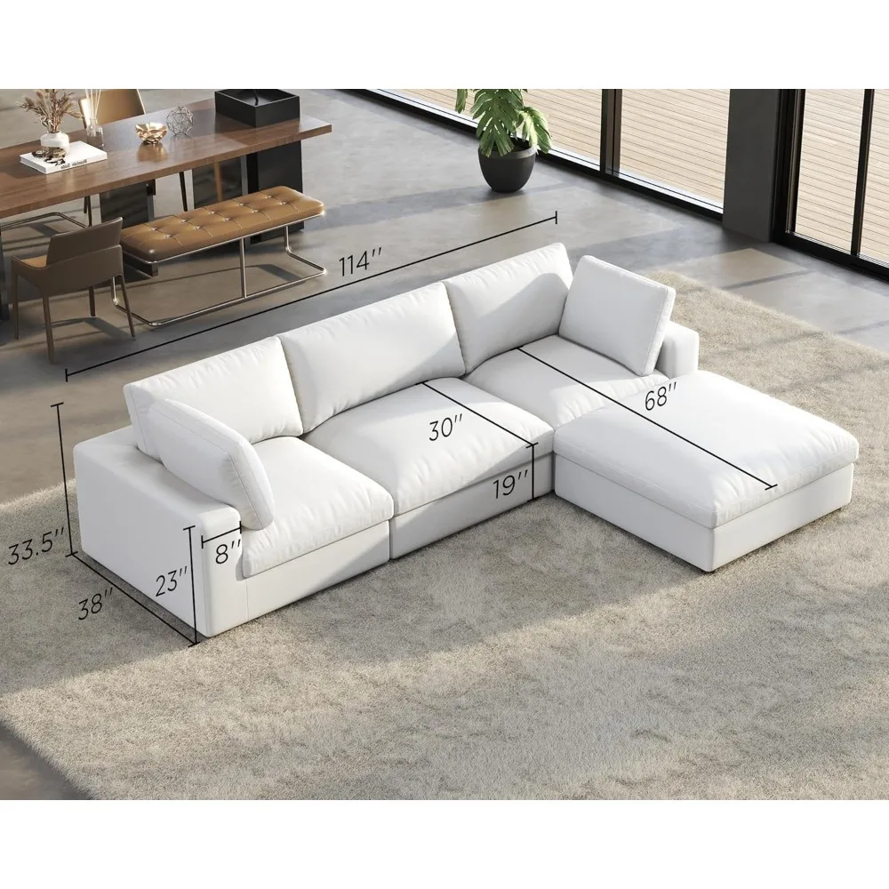 114 Inches Modular Sectional Sofa, Linen Couch Set, 4 Seats L Shaped Comfy Couch, Oversized Down Filled Sectional Sofa