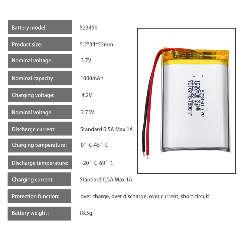 523450 1000mAh 3.7V Polymer Lithium Battery For Car Recorder Ordering Machine Cosmetic Mirror Size: 5.2*34*52mm