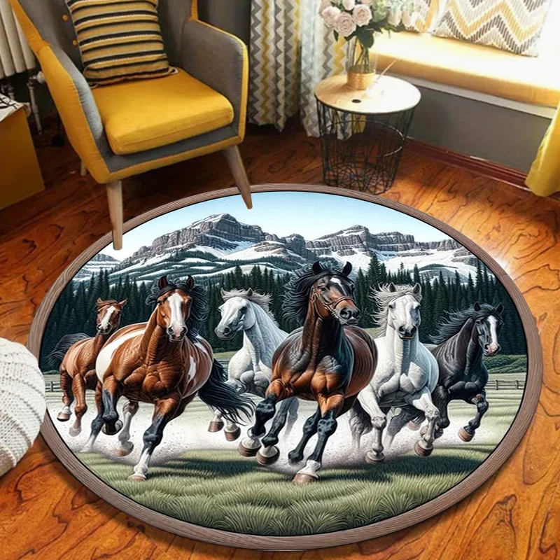 Visual Style Running Horse Printed Round Rug Wildlife Scenery Non Slip Floor Carpet for Patio Living Room Bedroom Home Decor