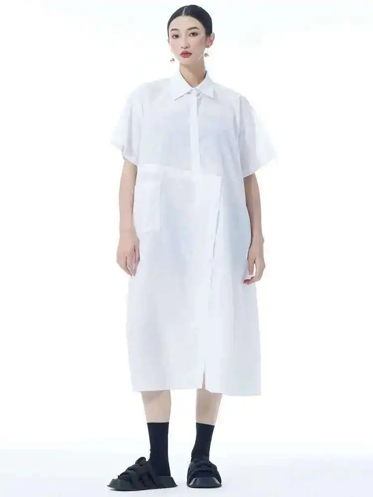 여성 블랙 불규칙한 단추 빅 사이즈 미디 셔츠 드레스 새로운 옷깃 짧은 소매 패션 조수 봄 여름