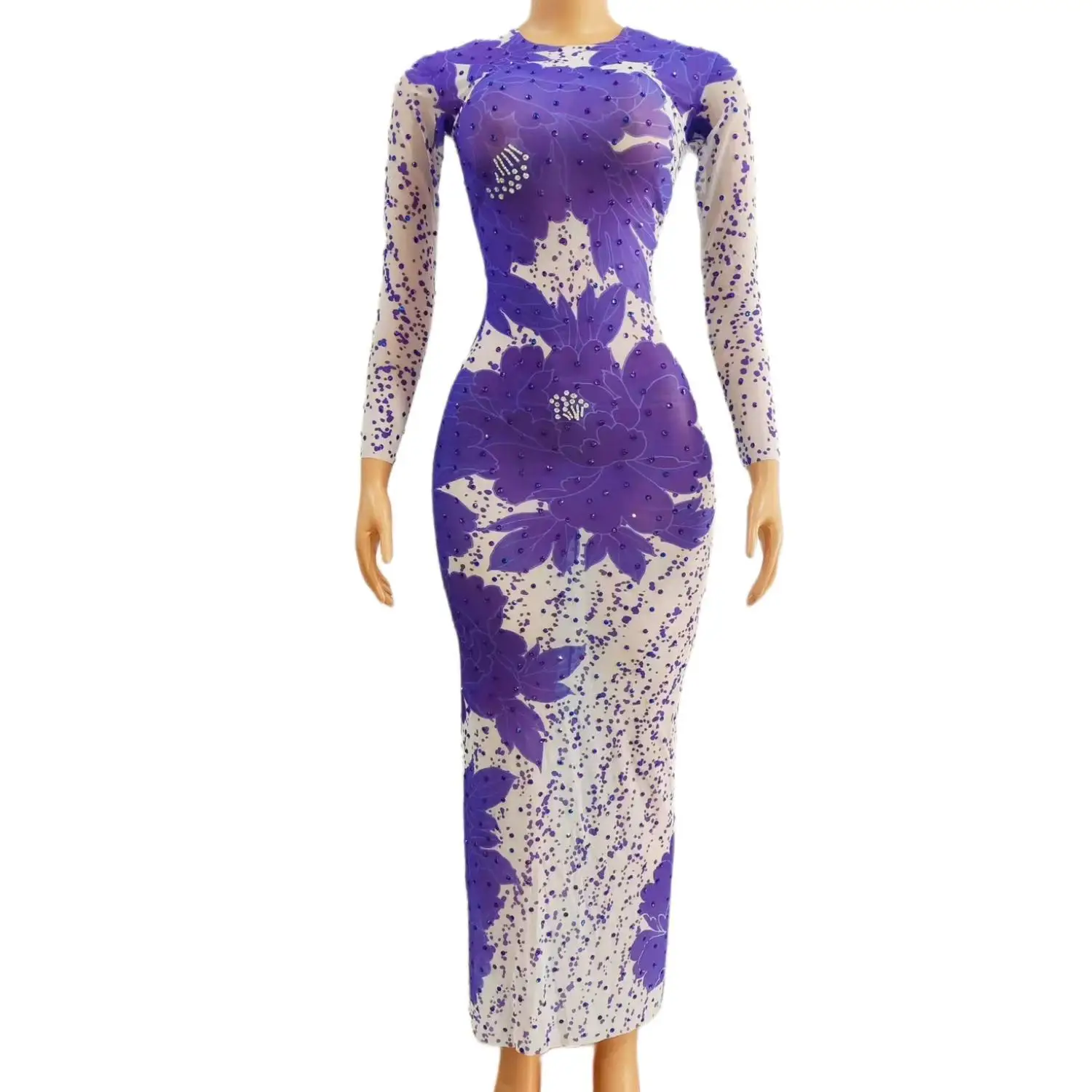 Ziganlan Women Round Neck Long Sleeve Purple Floral Print Rhinestone Sheer Mesh Bodycon Maxi Dress Cocktail Birthday Party Gown