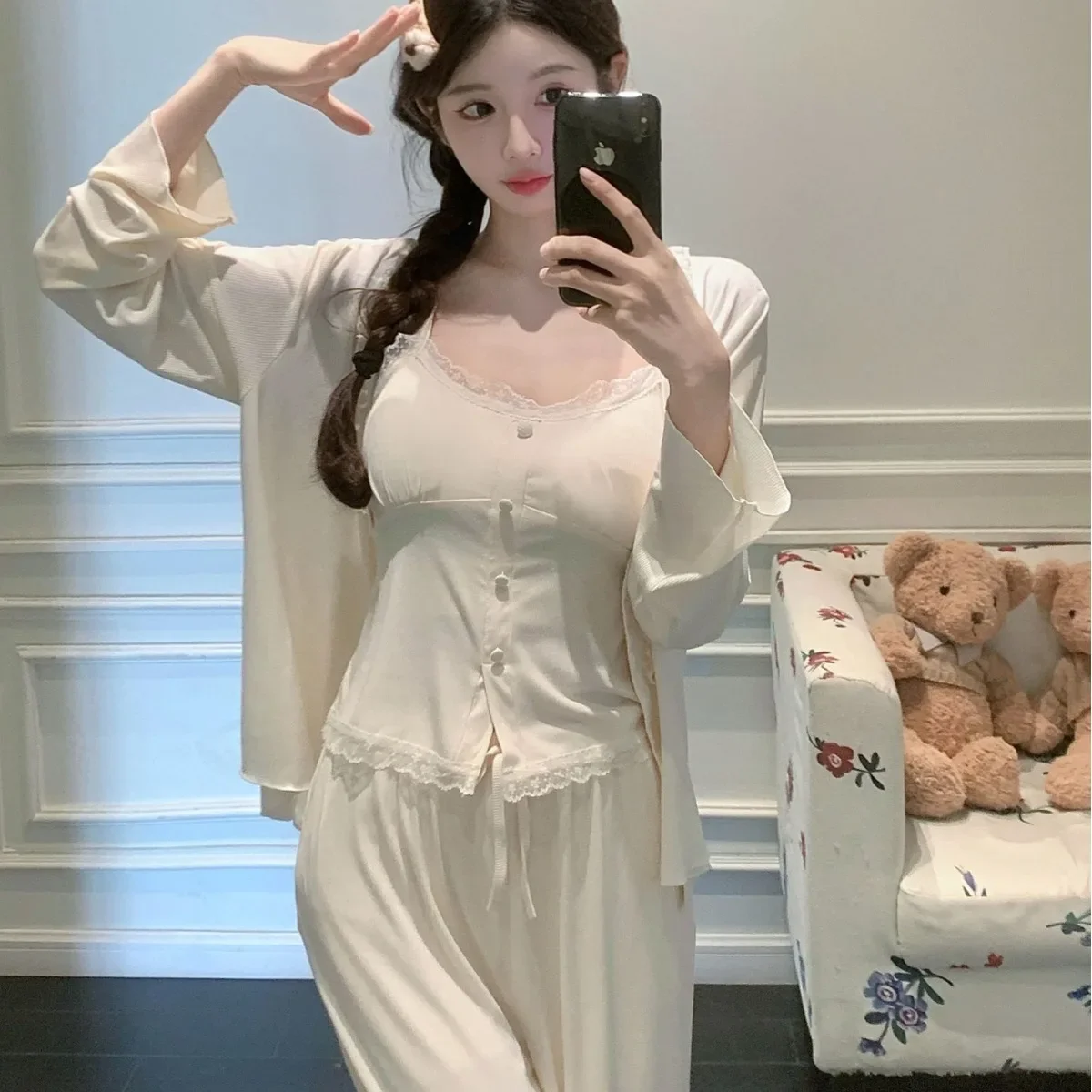 Cute Pyjamas Femme Sexy Sling Shirt Long Sleeve Pant 3PC Set Modal Women Pajama Chest Pad Lace Sleepwear Home Clothes M-XL