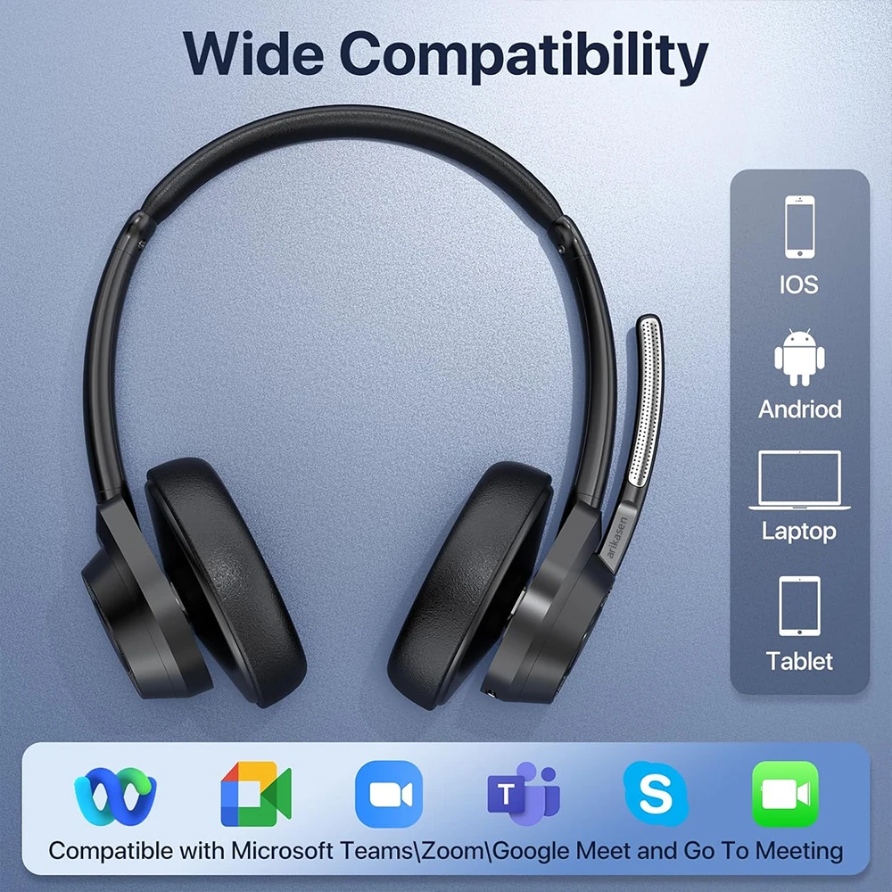 Bluetooth-Headset, kabellose Bluetooth V5.4-Kopfhörer mit Mikrofon, kabelloses Multipoint Connect-Headset mit Geräuschunterdrückung und Mikrofon – Detail 25