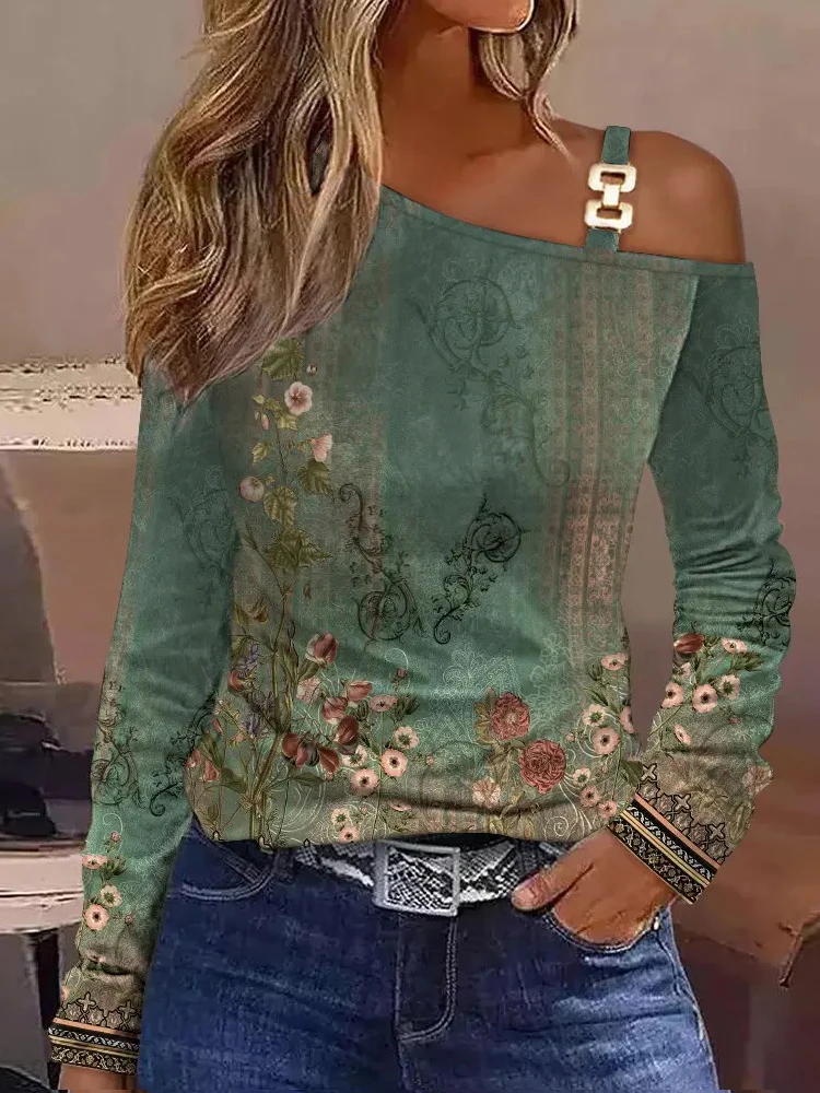 Sexy Elegant Off Shoulder White Lace Women Tops And Blouses 2024 Autumn Long Sleeve Top Femme Print Metal Buckle Office Blouse