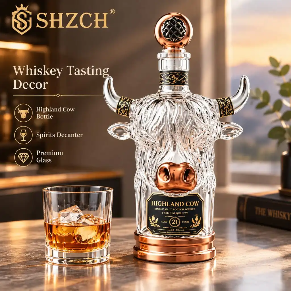 3D Highland Cow Crystal Whiskey Decanter with Gift Box - Decorative Bourbon Scotch Liquor Bottle Collectible Barware