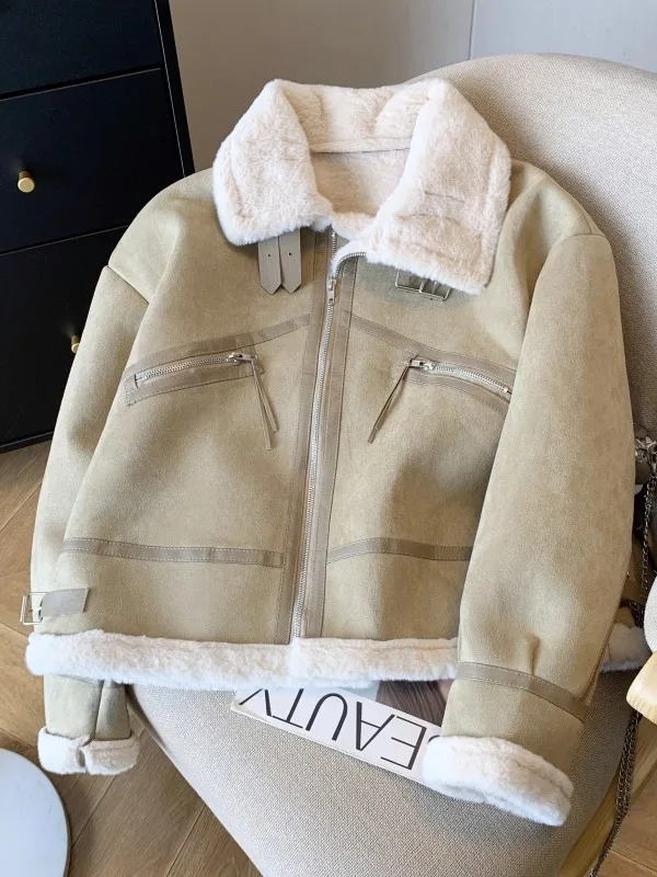 Lamb Fur Short Jacket Women Winter Fashion Loose Fleece Lined Thick Suede Motorcycle Jacket Top Casual Style Winter 2025
