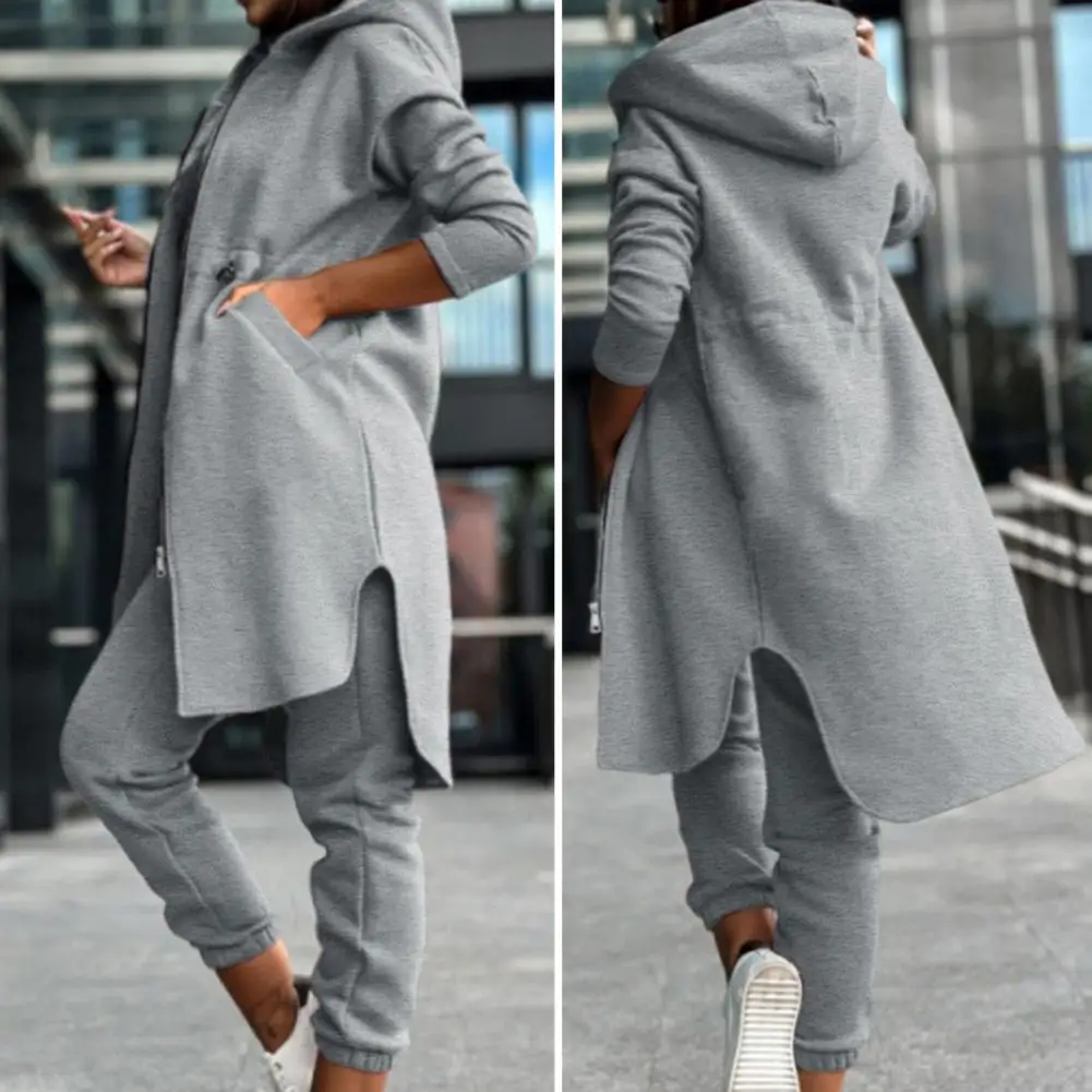 Women\'s Sweatpants Sets 2023 New Autumn/winter Fashion Zipper Design Longline Hooded Coat & Casual Cuffed Pants Two Piece Suit