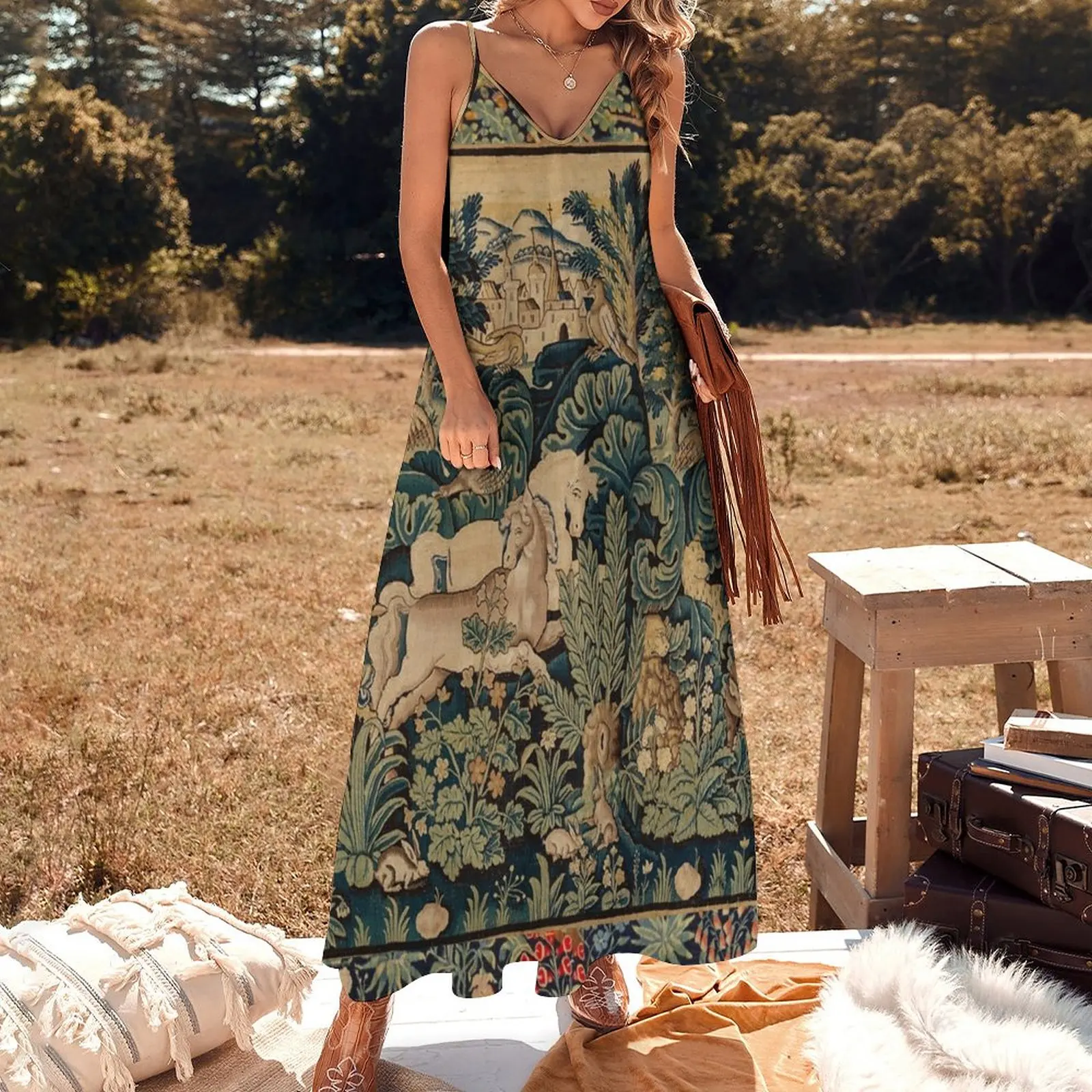 FANTASTIC ANIMALS AND HORSES IN WOODLAND Blue Green Ivory Antique French Tapestry Sleeveless Dress dress summer 2023 women