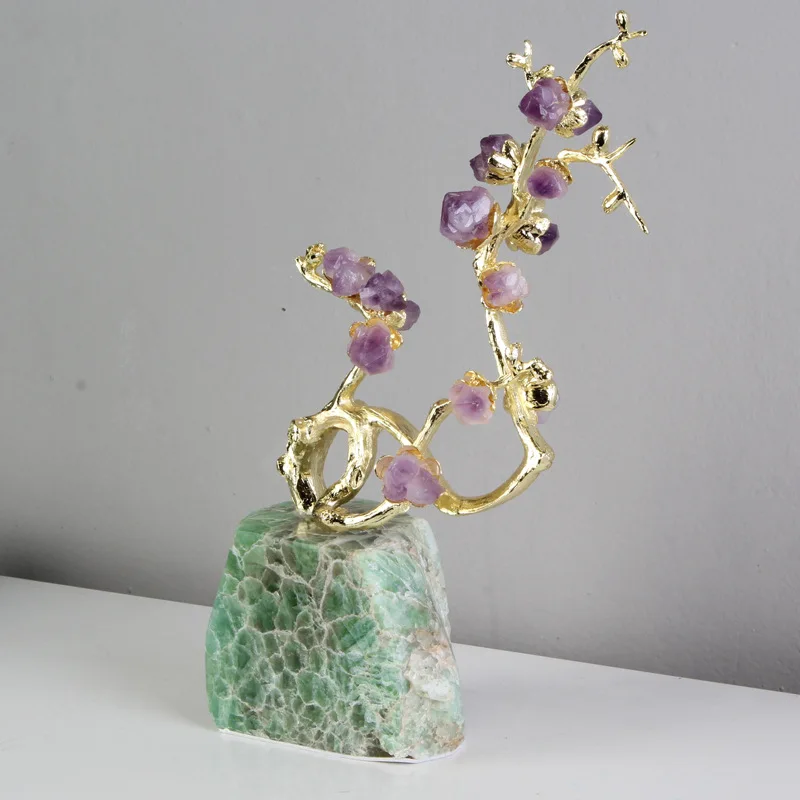 Natural Amethyst Brass Tree Ornament Lucky Handicraft Ornaments Crystal Tree Simulation Plant Sculpture Home Decoration