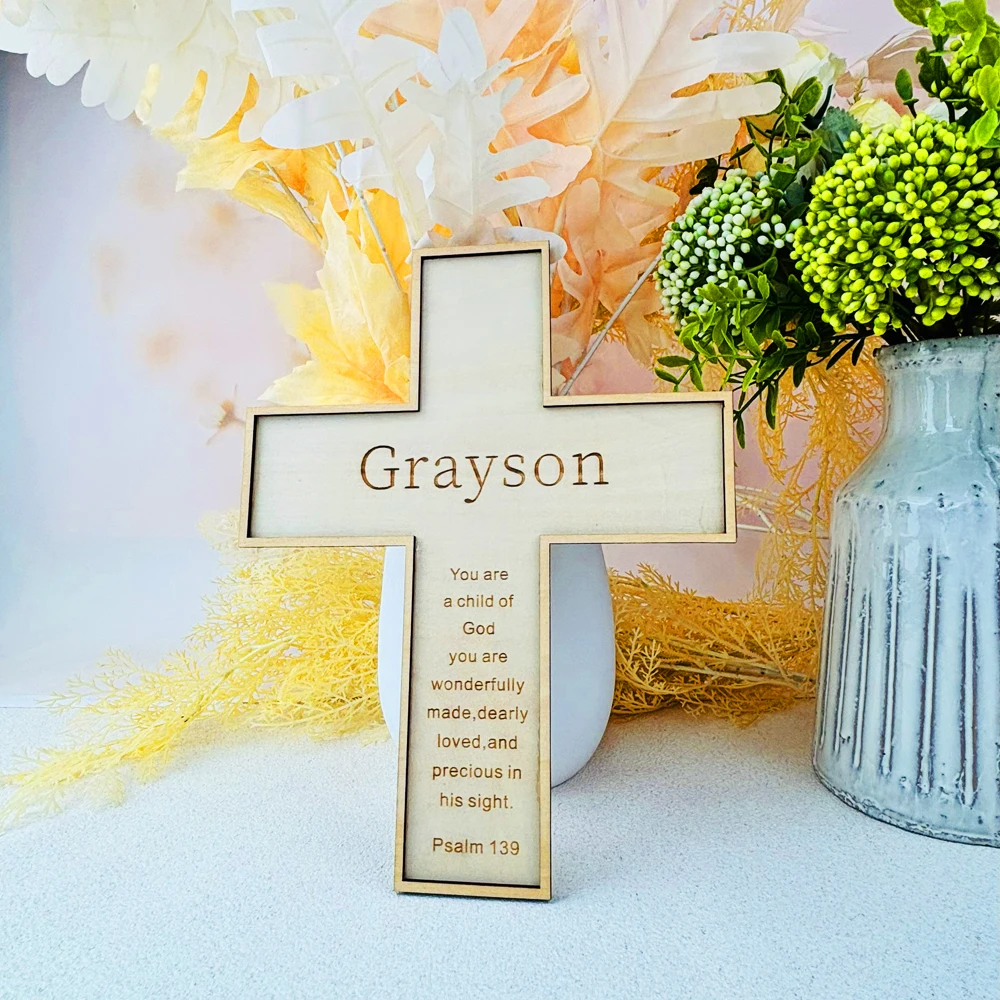 

Персонализированный подарок на крещение, индивидуальный крест для крещения, имя, благослови Бог, первое причастие, крест с гравировкой, деревянный крест, подарок на крестины