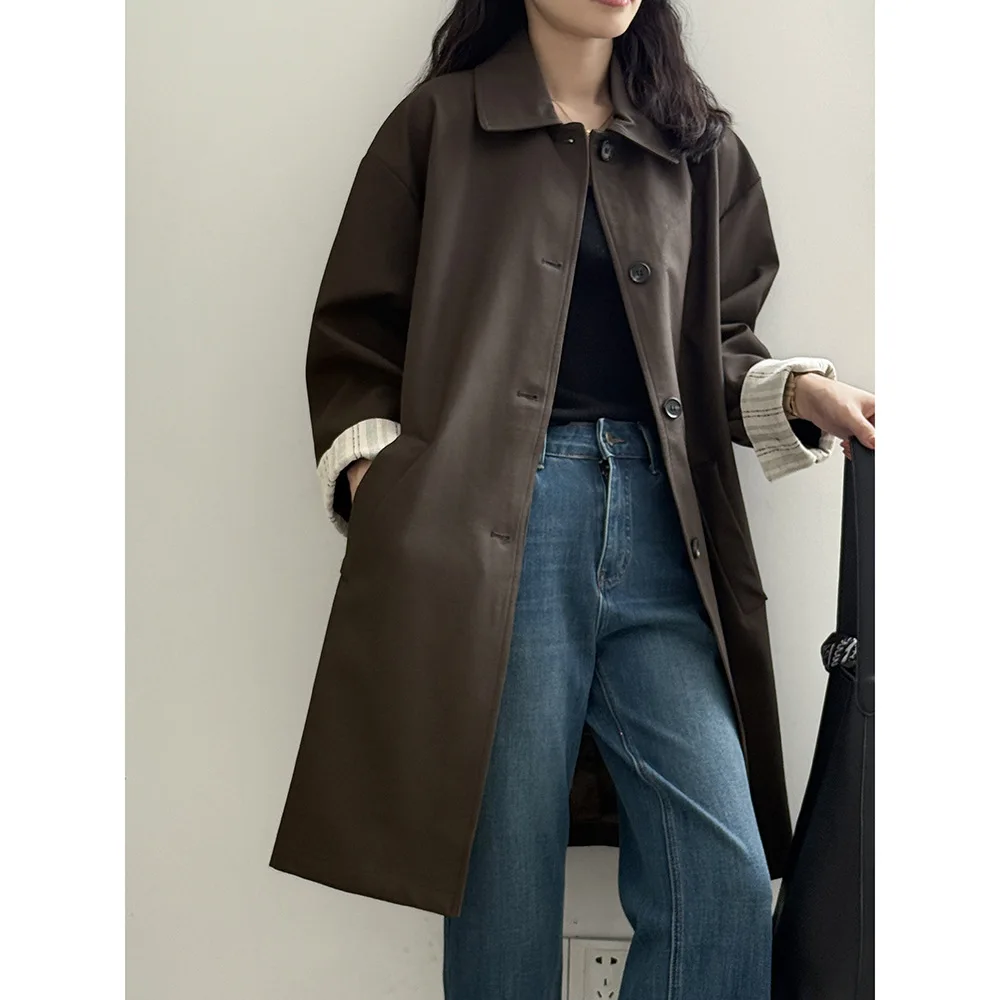 

Brown Leather Trench Coat For Women Vertical Stripe Spliced Rolled Sleeve Autumn Single-breasted Jacket