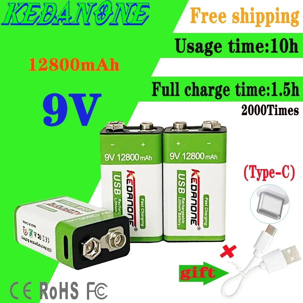 100%Original 9v USB rechargeable Li-Ion battery 12800mAh is suitable for camera and other series of electronic products+USB line