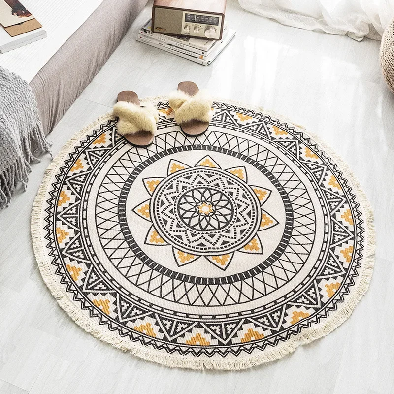 Classic Round Carpet Bohemia Ethnic Tassel Rug Red Blue Mandala Carpets for Living Room Nordic Cotton Linen Big Rugs Modern