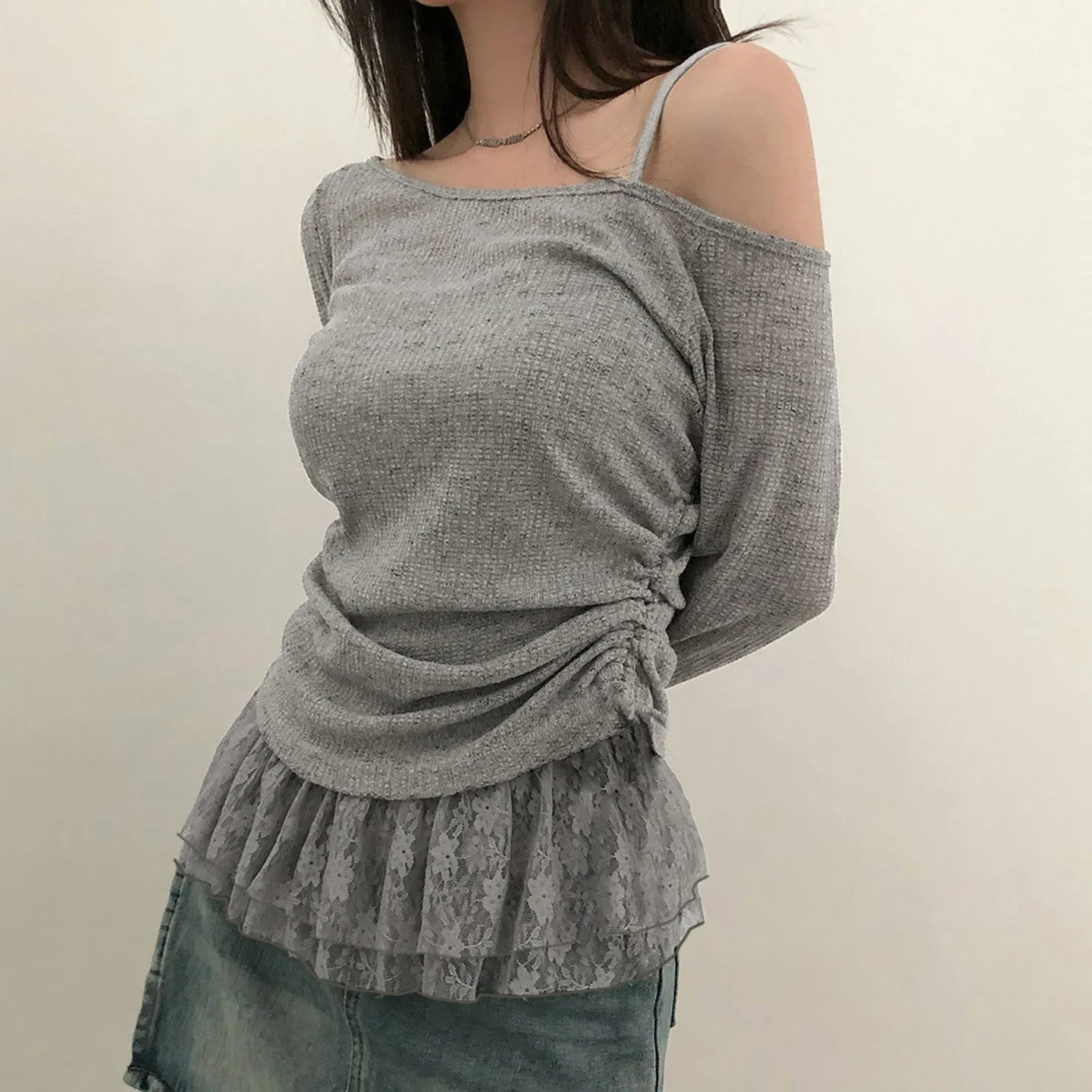 

BKLD Korean Style Sweet Slant Shoulder Lace Patchwork Ruched Long Sleeve T-Shirts Simple Solid Color Slim Fit Daily Casual Tops