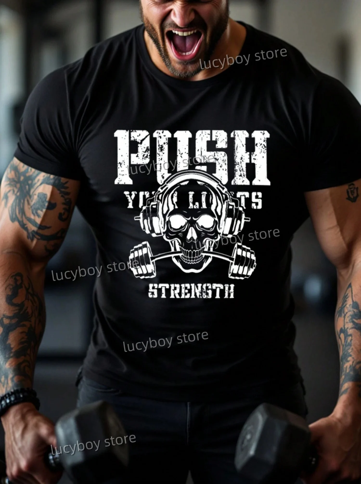 Men T-Shirt STRENGHT PUSH Training Sportswear T-Shirt  Quick Drying T-Shirt Casual Streetwear Tops Round Neck GYM TeeMen Clothes