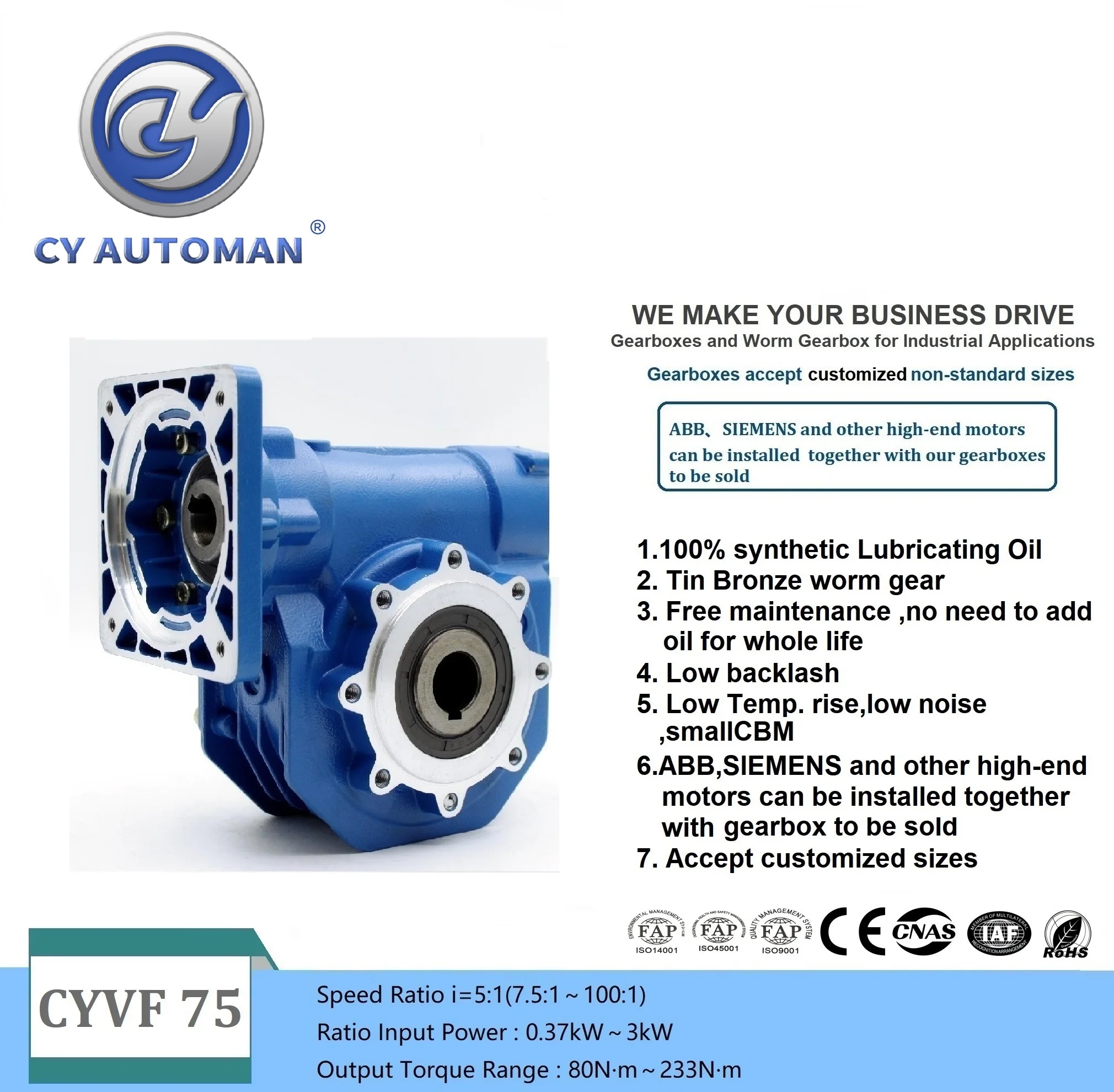 

CYAutoman High Torque Worm Gearbox Speed Reducer Suppliers NMVF 075 Input 19/22/14/24/28mm Ratio 5:1/100:1 Tin bronze for CNC