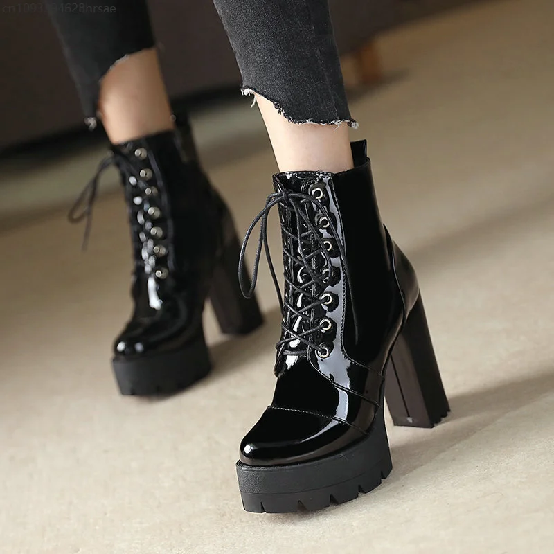 Ultra-high heel boots women round head thick with waterproof platform lace-up boots patent leather high-heeled boots boot