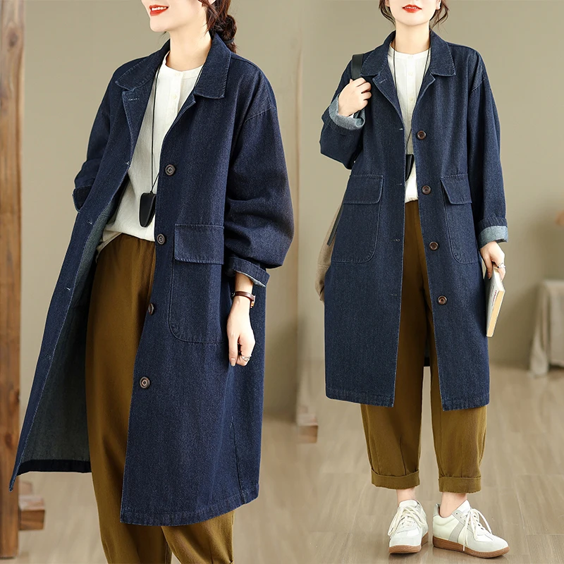 

Artistic Waed Vintage Denim Coat Loose Slimming Design Blue Casual Long Sve Women's Autumn Outerwear Straight Cut Dr