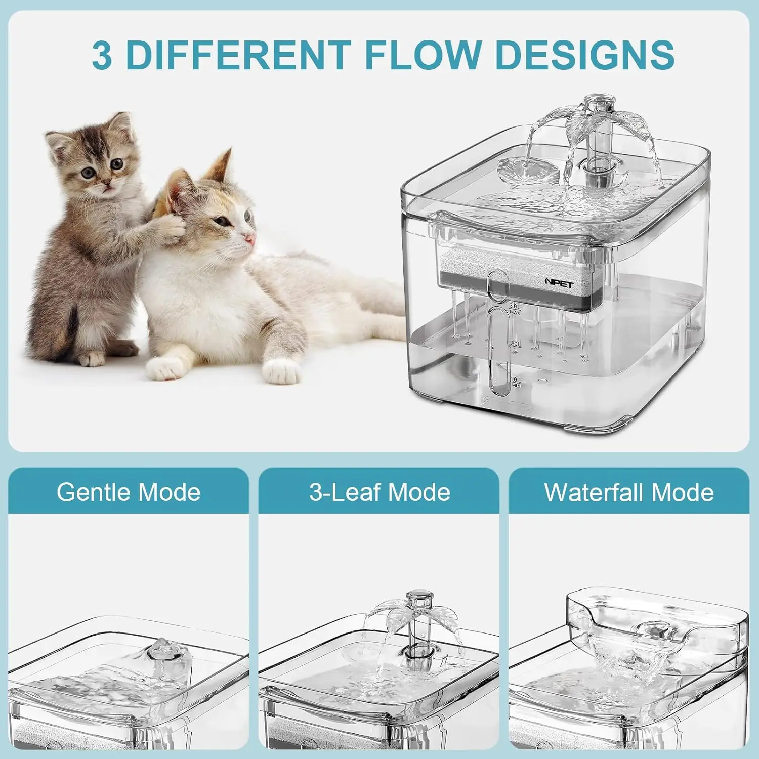 NPET Cat Water Fountain, 3L Automatic Pet Drinking Fountain Dog Water Dispenser with Quadruple-Action Filter (WF020 Transparent)