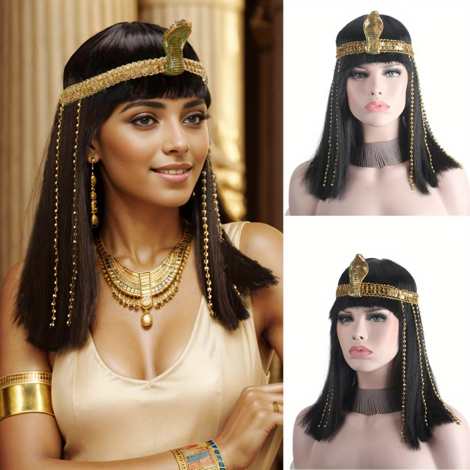 

Fashion Egyptian Queen Heat Resistant Synthetic Wig Short Straight Snake Headband Women's Cosplay Party Egipt Black Wig PB16