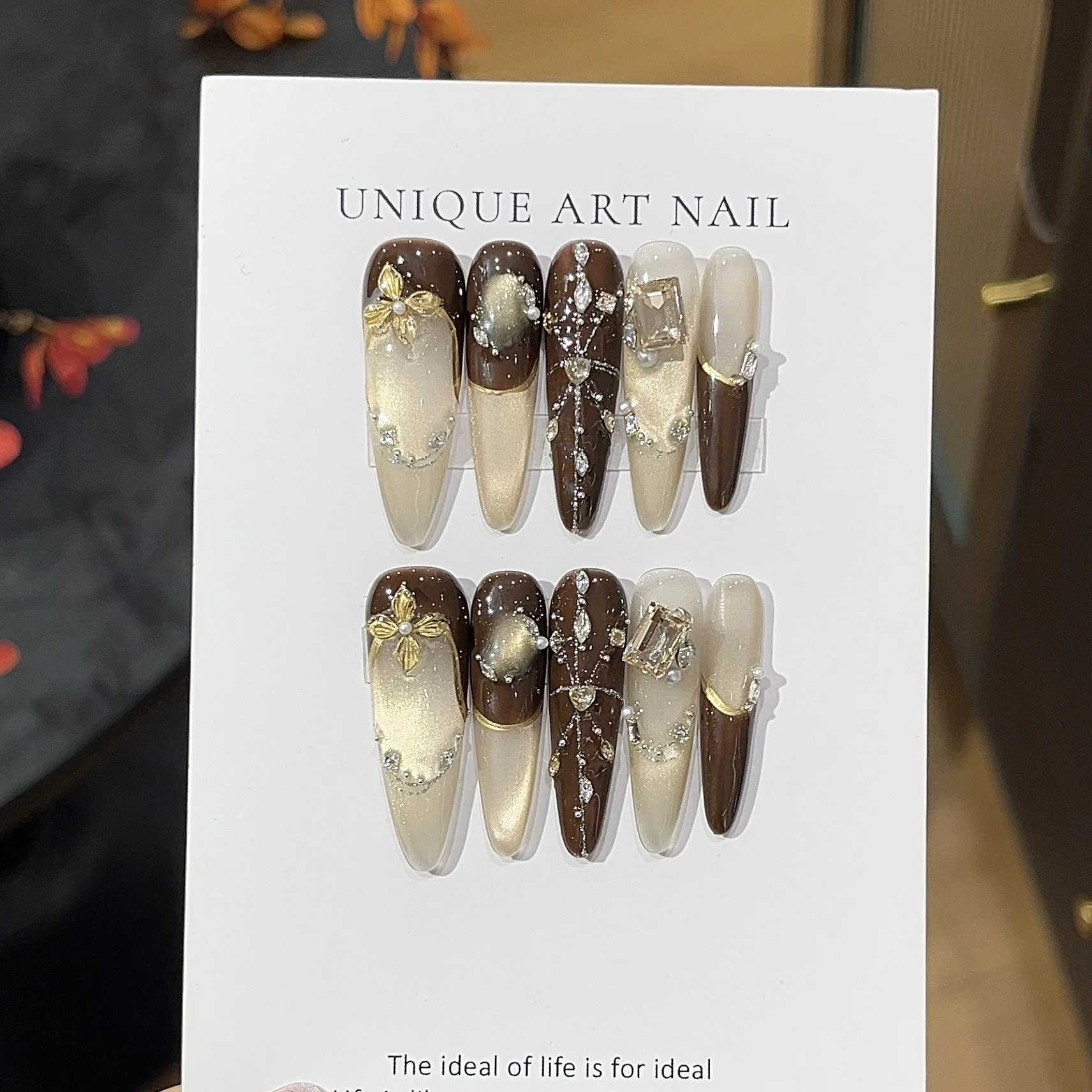 10 قطعة الصحافة اليدوية على الأظافر ضوء عين القط الفرنسية الزركون المكسور الماس يرتدي درع الأظافر كاذبة اضغط على مسمار تلميح الفن #1