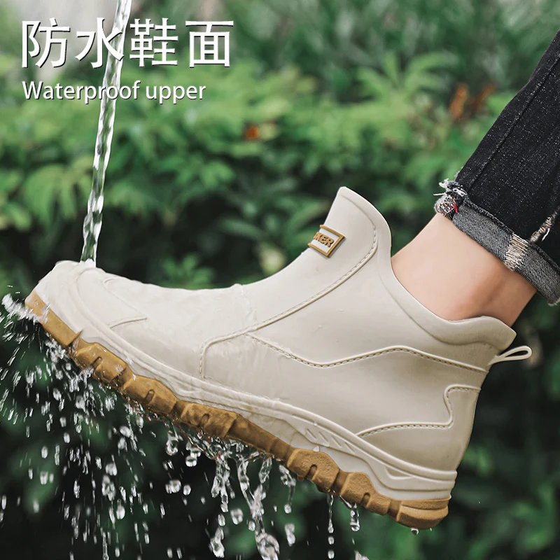 أحذية مطر كاجوال وعصرية جديدة للرجال، أحذية مطر خارجية، أحذية رجالية للعمل، أحذية مسطحة