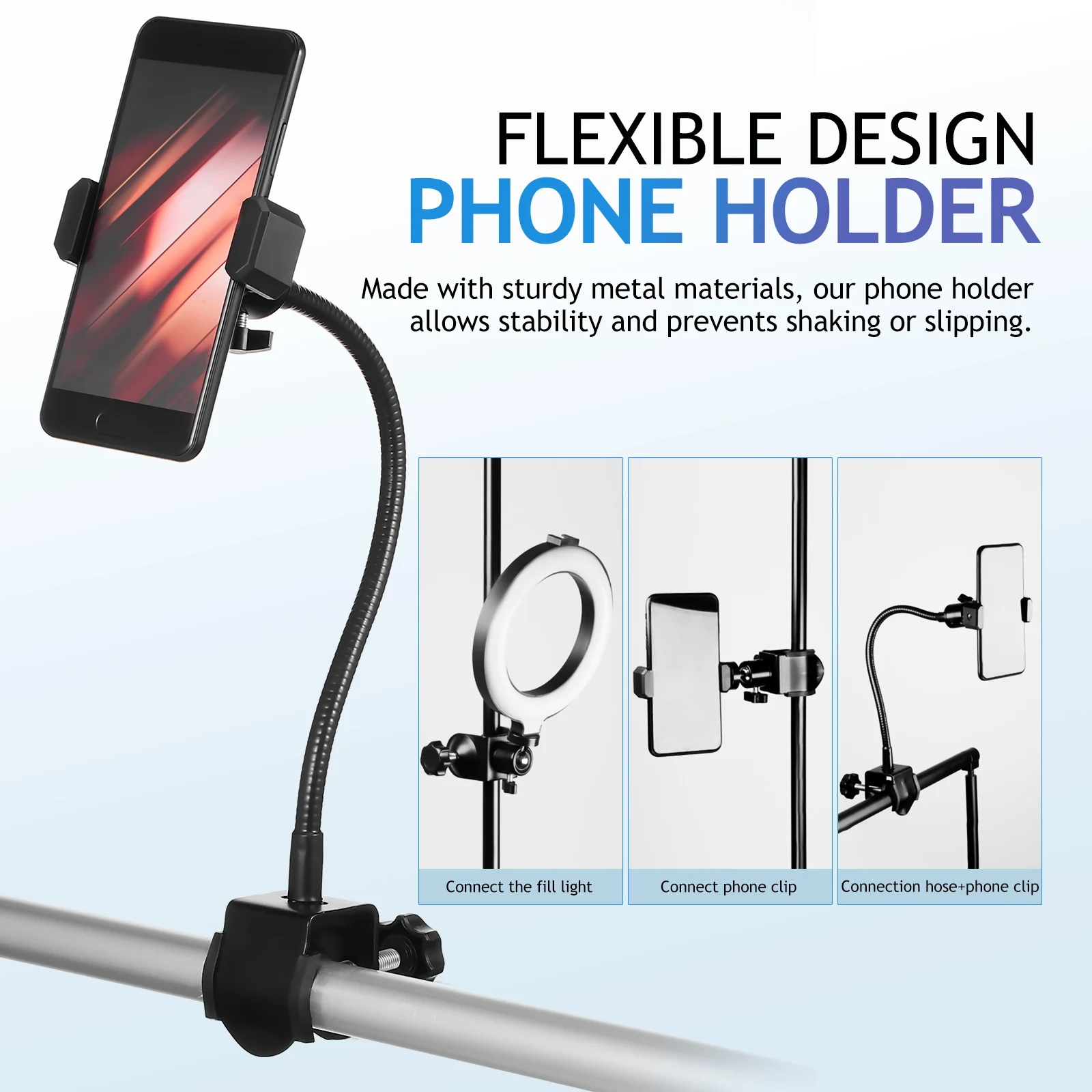 

1 set Mic Stand Phone Holder Metal Cellphone Clamp Rotating Stand 360 Degree Flexible Universal Adjustable Lightweight Sturdy