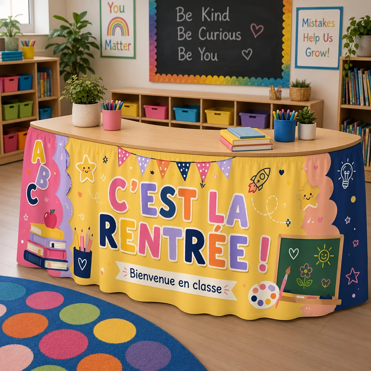 Colorful books, pencils, apple patterns, suitable for back-to-school parties, French welcome slogans, decoration purposes