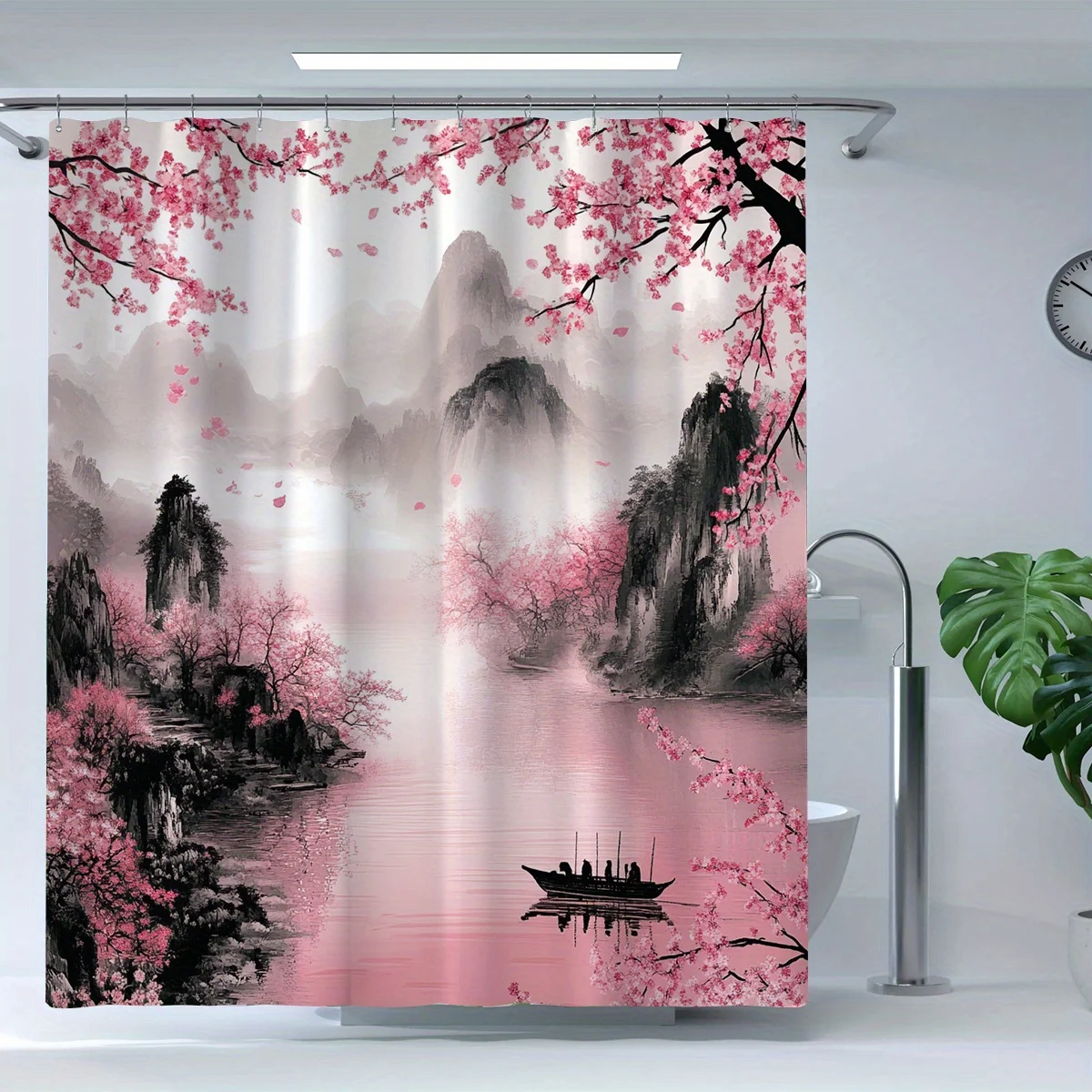 

Занавеска для душа с принтом «Горное озеро и цветущие вишни», полиэстер, декор для дома, азиатская тематика, дизайн интерьера, спокойный стиль