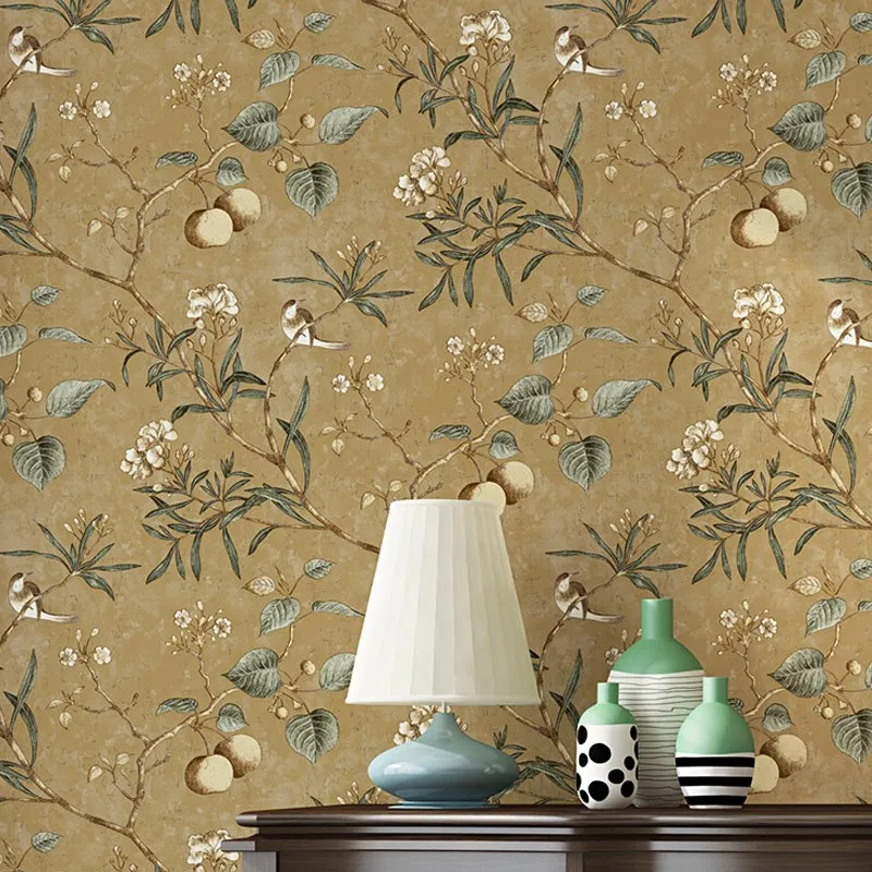 American Pastoral Flower and Bird Wallpaper Vintage Apple Tree Mural Wallpapers Roll Green Yellow Wall Paper Papier Peint QZ035