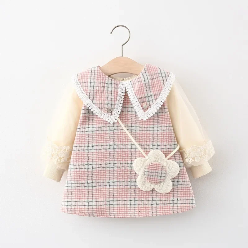 Korean Toddler Girl Dresses Spring Autumn Long Sleeve Elegant Princess Dress Cute Bow Mesh Plaid Kids Dress Baby Clothes Outfit